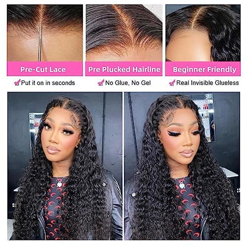 Glueless Wigs Human Hair Pre Plucked Pre Cut Deep Wave Lace Front Wigs 4x4 Closure Wigs 150% Density Natural Black Color (26 Inch)