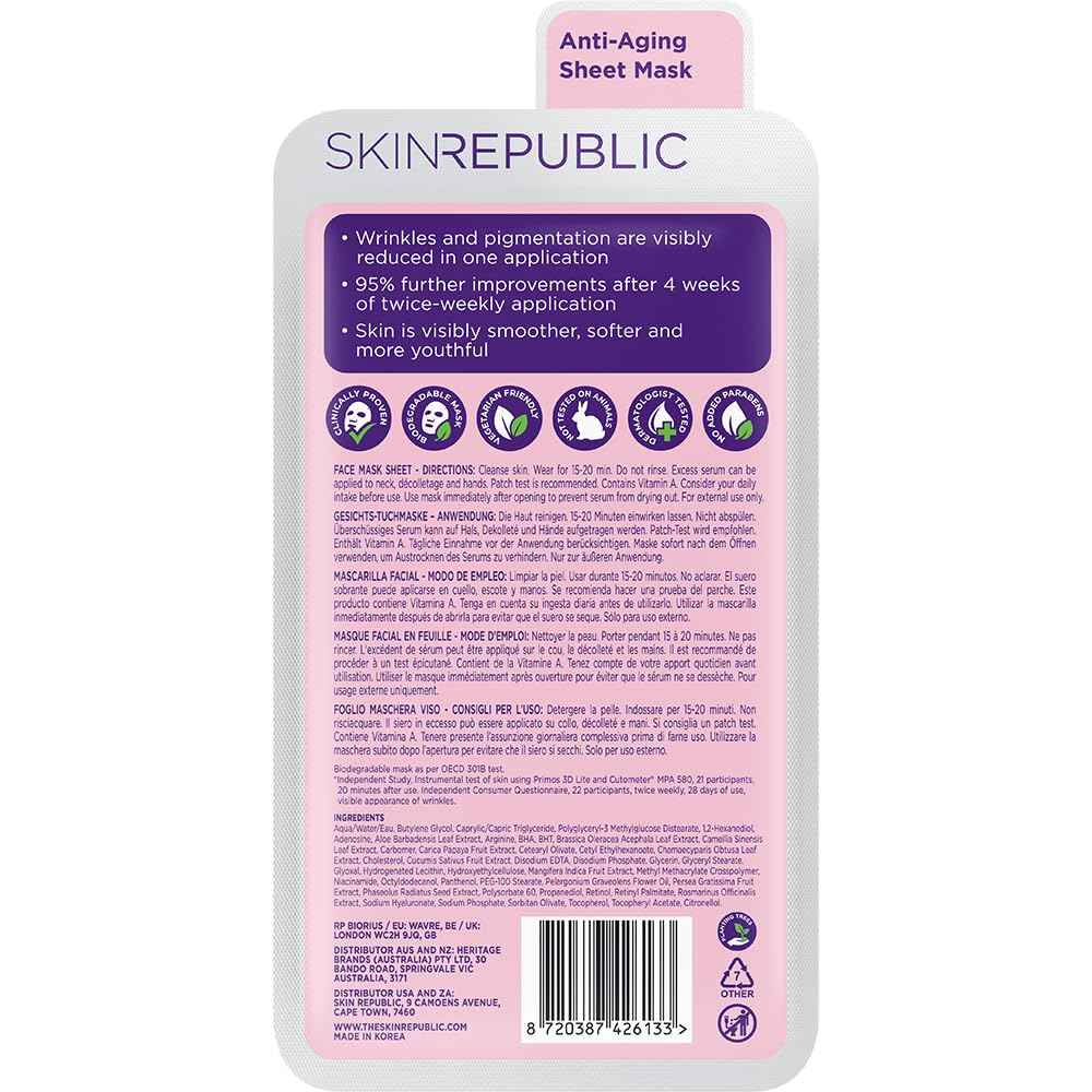 Skin Republic Retinol Infusion Sheet Mask Proven to Reduce Wrinkles After One Use. Made in Korea. 3 Pack.