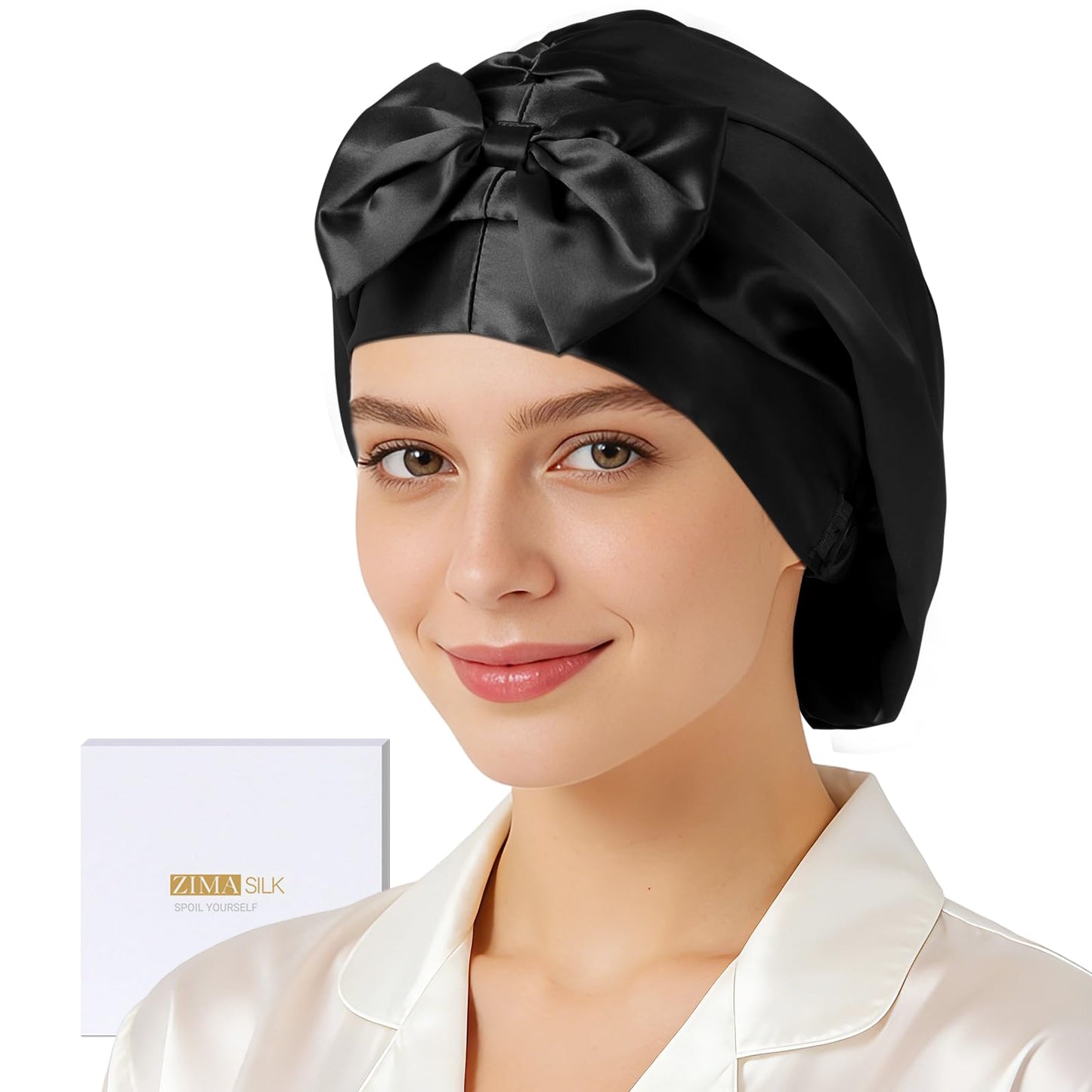 ZIMASILK 22 Momme Adjustable 100% Pure Mulberry Silk Bonnet for Sleeping Women, Double-Layered Silk Hair Bonnet for Anti-Frizz & Hair Protection – Reduces Slipping (1Pc, Black)