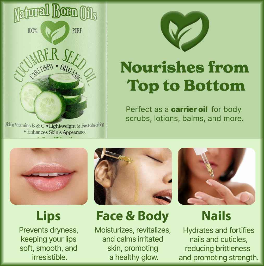 8oz Cucumber Seed Oil, 100% Pure and Natural, Cold-pressed, Unrefined, Moisturizer for Skin and Hair - Includes Pump & Flip Cap