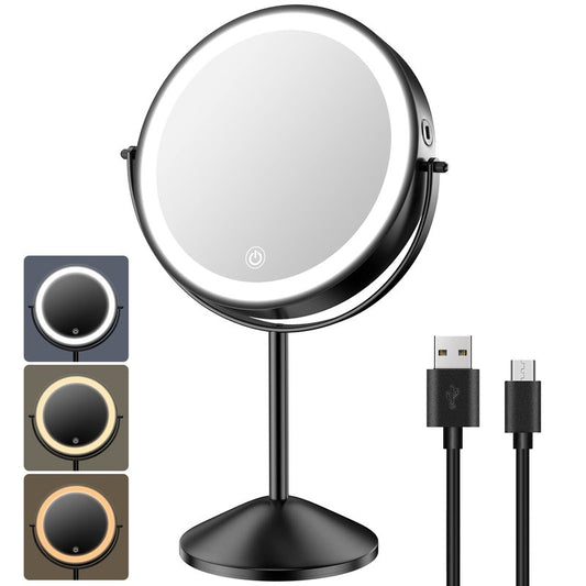 Benbilry 8 Inch Lighted Makeup Vanity Mirror with Lights 3 Color Dimmable, 1X/10X Magnifying Rechargeable Double Sided Light Up Cosmetic Mirror, 360° Swivel Cordless Standing, Black
