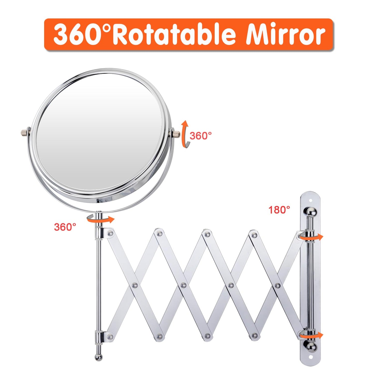 Welllink 8Inch Max Extendable Mirror for Bathroom, Space-Saving Screw Mount, 10X/1X Magnifying Mirror, HD Glass No Distortion Chrome, for Home Cloakroom Gift