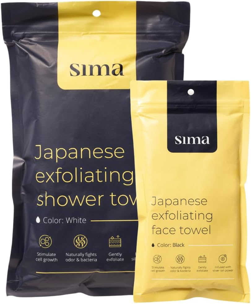 Sima Exfoliating Body Towel Bundle - White & Japanese Face Towel with Hexagon Fibers | Dual-Sided Scrubber