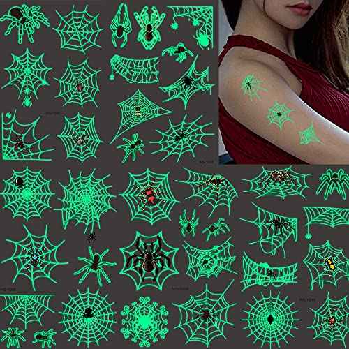 73PCS Luminous Halloween Spider Web Temporary Tattoos for Kids, Costume Makeup Glow in the Dark Fake Tattoo Stickers, Face Cosplay Holiday Party Favors Gifts for Adults Classroom School Prizes Reward
