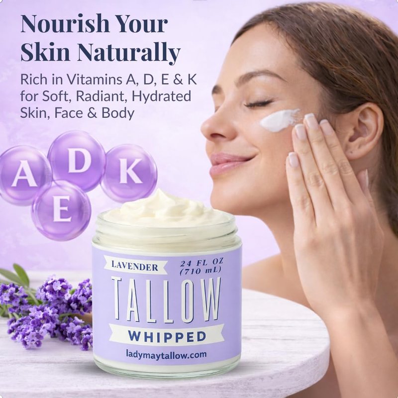 Lady May Tallow Whipped Tallow 24oz - All Natural Face Cream and Whole Body Moisturizer for Dry Skin - Made with Scented Oil Blend - No Preservatives, Parabens or Seed Oils - USA Made (Lavender)
