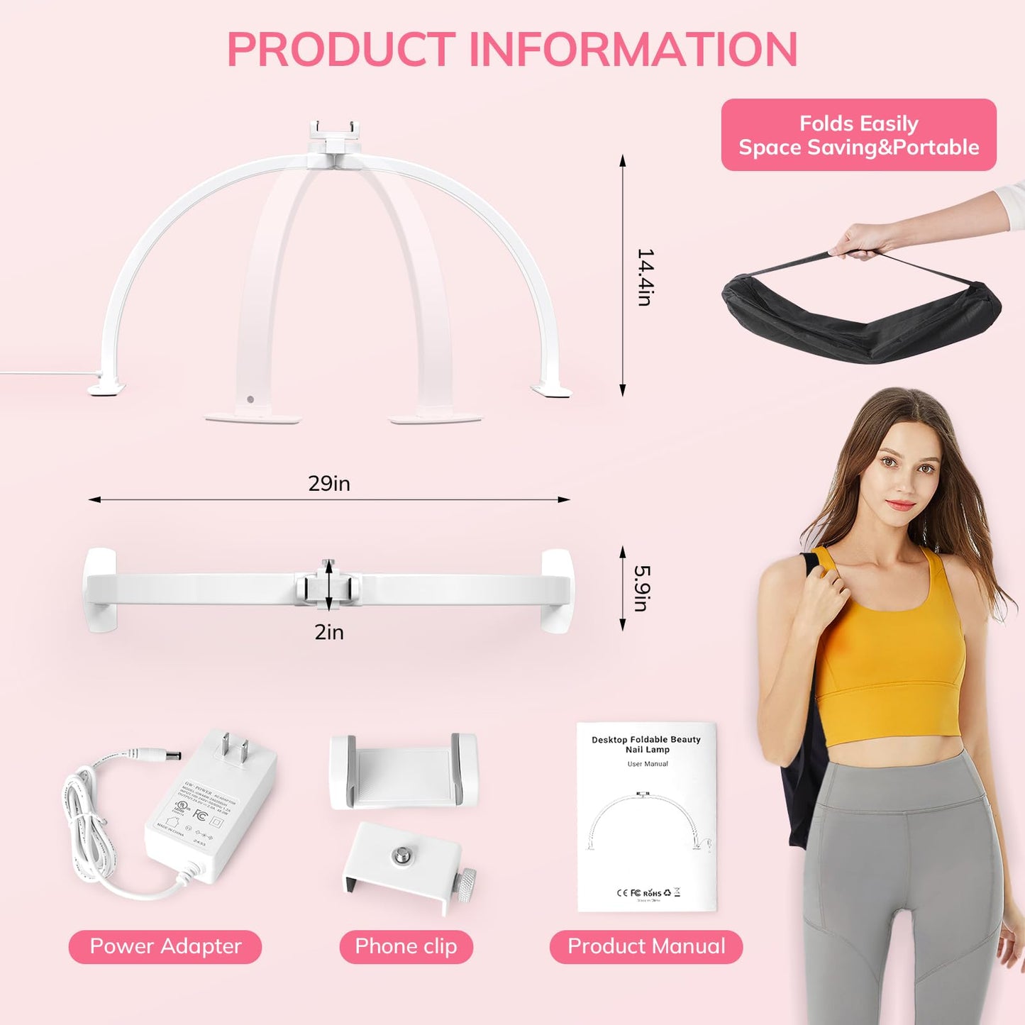 Lavinda Large Half Moon Light for Nail Desk, 29'' Nail Table Lamp with Phone Holder, 3000K-6000K Dimmable LED Desk Lamp with Wire Controller for Manicure DIY, Eyelash Extension, Skincare, Tattoo