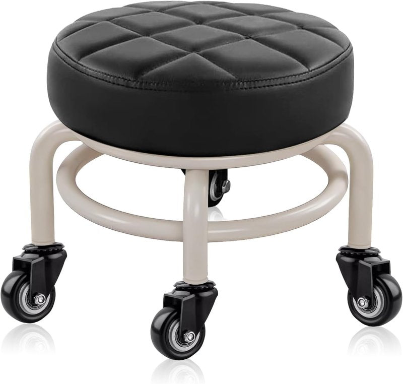 Round Rolling Low Stool - Comfortable PU Leather Swivel Stool with Thick Sponge Cushion | Black Upgrade Edition