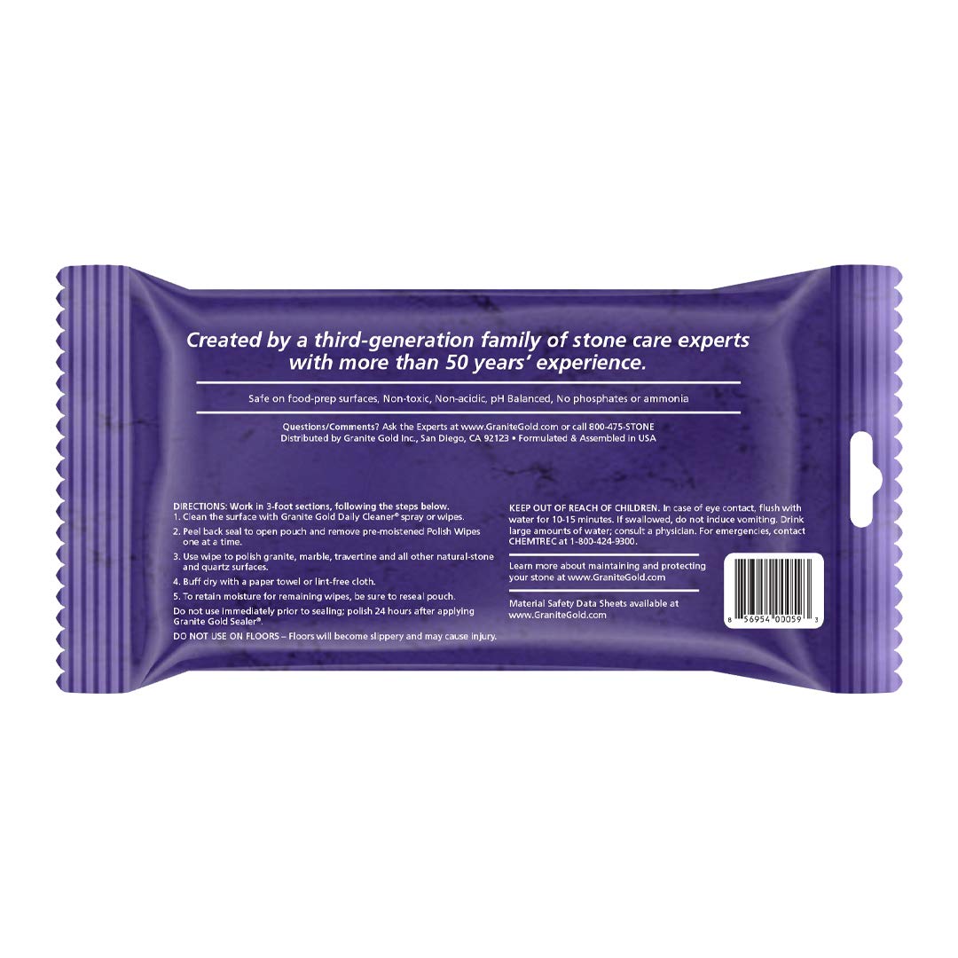 Granite Gold Polish Wipes Streak-Free Shine for Granite, Quartz, Marble, Travertine, Natural Stone Countertops, 18 Count, 1-Pack