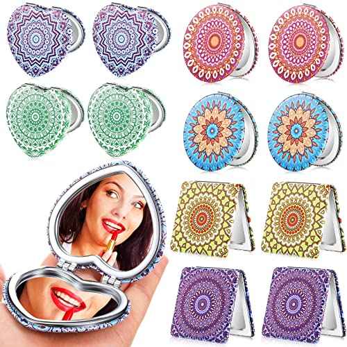 Mandala Design Pocket Mirror Mini Travel Makeup Purse Compact Accessories Beauty Magnifying Double Sides Pocket Mirror Portable Handheld Folding PU Leather Supply for Women(12 Pieces)