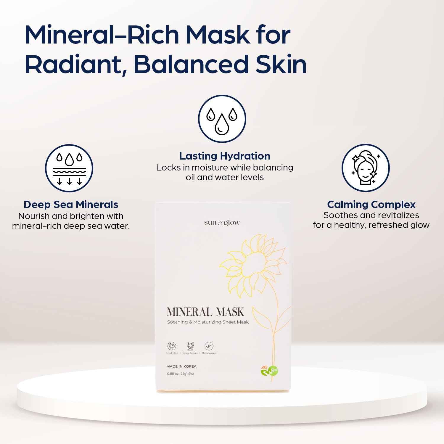 SUN & GLOW VEGAN MINERAL MASK with Pearl Extract Yuzu and Eucalyptus Using Mineral-Rich Deep Sea Water Korean Home Skincare Mask (0.88oz 25g 5Packs)