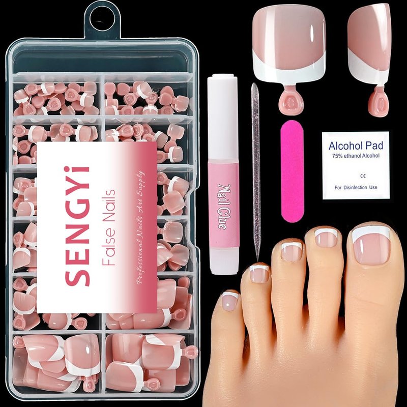 SENGYi Press On Toenails for Women French Tip Toe Nail Press Ons with Nail Glue Kit Nude Fake Toenails 120Pcs