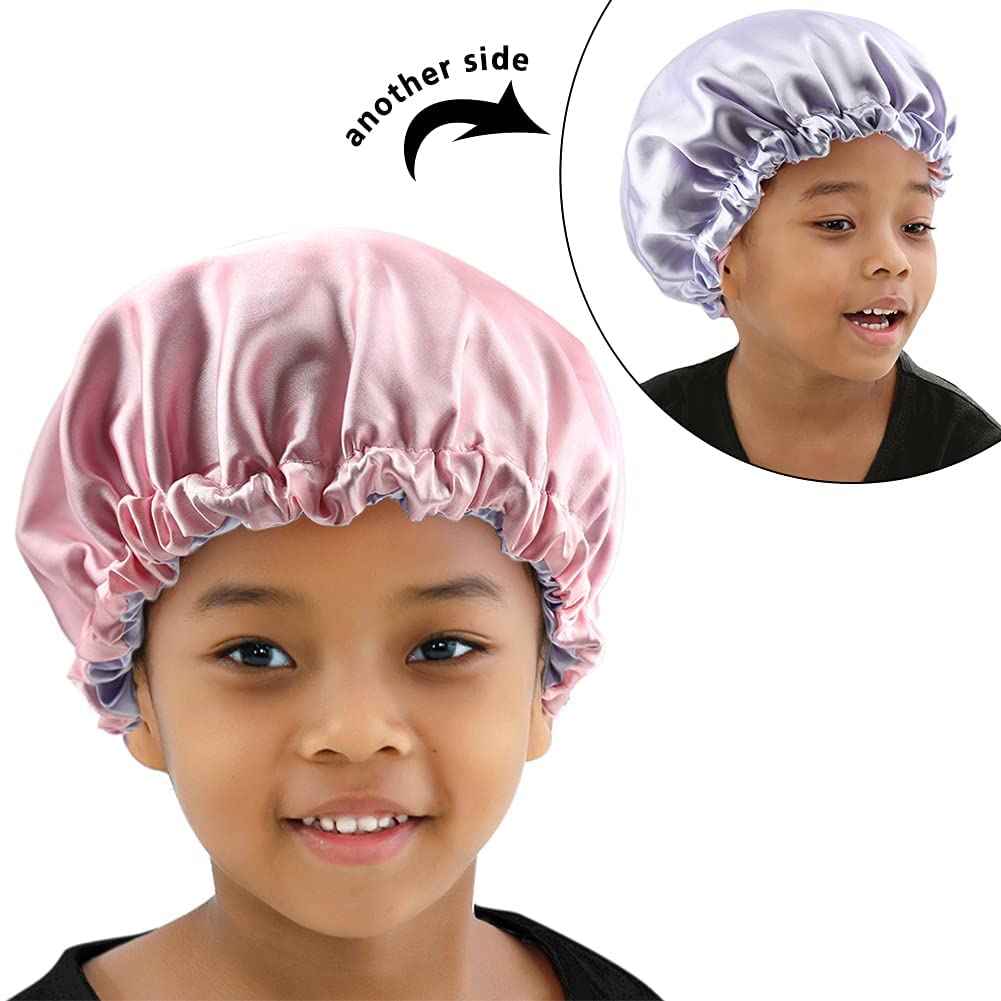 ELIHAIR 2pc Kids Satin Bonnet Sleeping Cap for Natural Hair Teens Toddler Child Baby Adjustable Satin Cap for Night Sleeping Reversible Double Layer(Black+ Pink/Purple)
