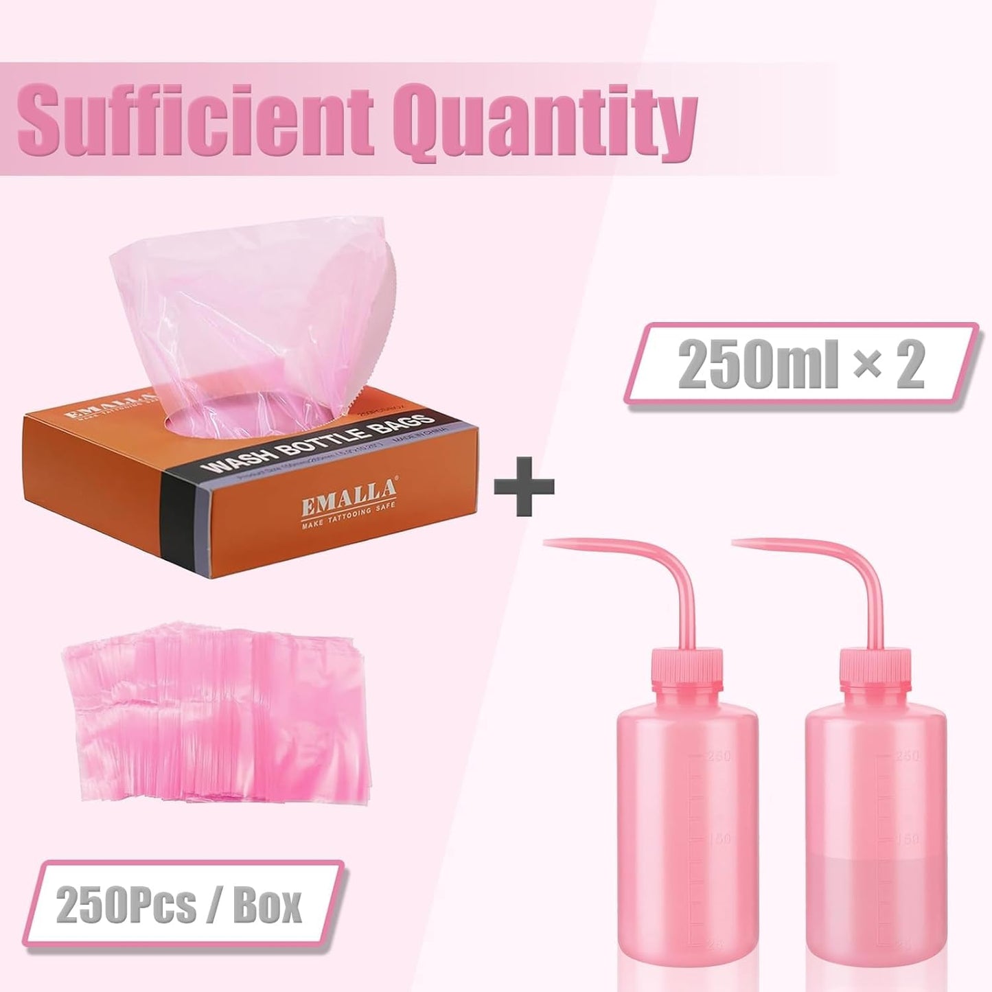 Tattoo Bottle Bags with 2pcs Squeeze Bottles -LEEYUKA 250pcs Pink Wash Bottle Covers With 2pcs 250ml Bottles Squeeze Bottle Sleeves for Tattoo Bottles Pink Tattoo Supplies