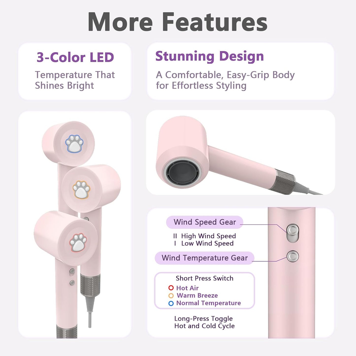 KIKVOOL Diffuser Hair Dryer - 110,000 RPM Ionic Blow Dryer for Thick Hair | Portable & Lightweight, Pink