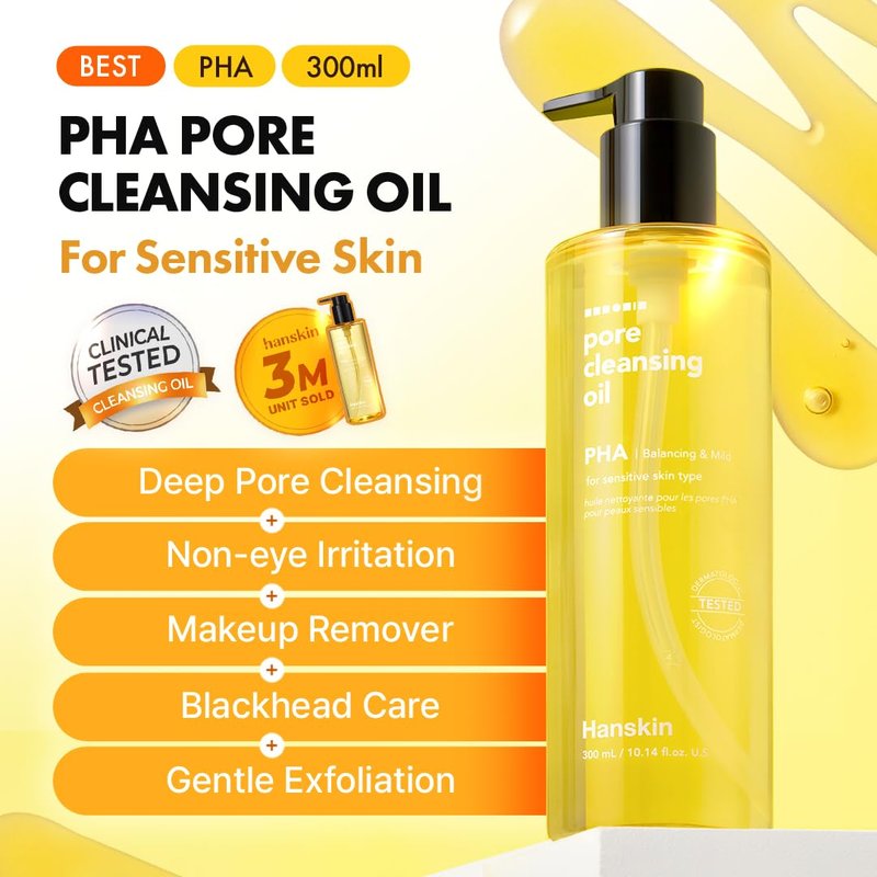 Hanskin PHA Pore Cleansing Oil - Korean Cleansing Oil for Face, Lightweight Makeup Remover & Oil Cleanser, Removes Makeup, Sunscreen & Excess Oil, Double Cleansing for Sensitive Skin, XL 10.14 oz