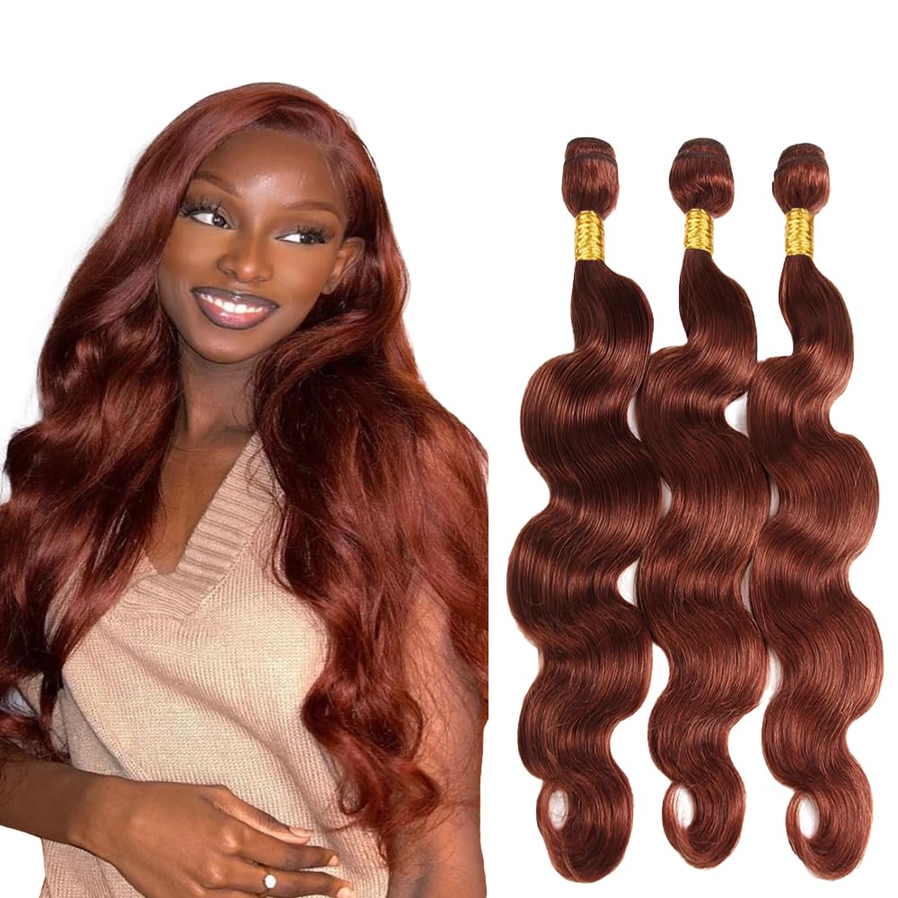 Niciitysi Color 33 Human Hair Reddish Brown Body Wave Bundles 8 10 12 inch Double Weft Brazilian Copper Red Hair Extensions Auburn Bundles Silky Soft for Women