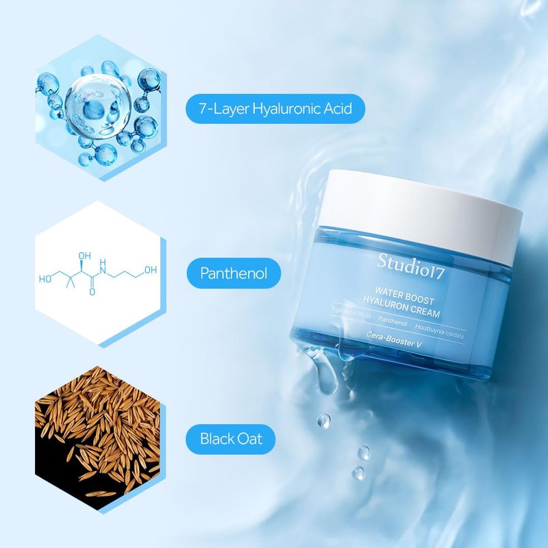 STUDIO17 Waterboost Hyaluronic Acid Cream 2.7 fl.oz. Korean Face Moisturizer with Cera-Booster V(Centella Asiatica) for Better Soothing Effect. Oat and Panthenol Included for Full Moisturizing