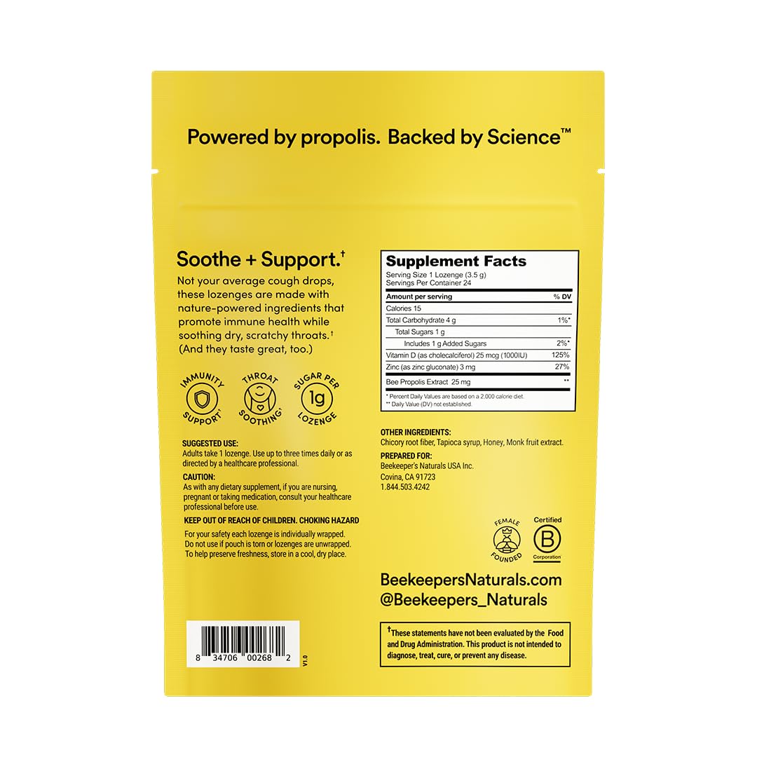 Beekeeper's Naturals Soothing Honey Cough Drops - Immune Support with Vitamin D, Zinc and Propolis Throat Soothing Lozenges, 24 Ct