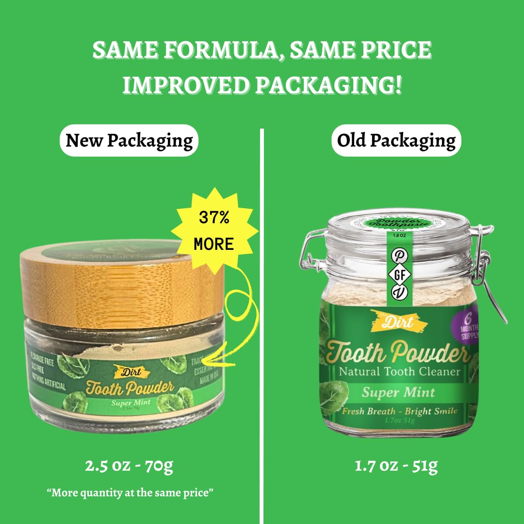 The Dirt - Remineralizing Tooth Powder, Natural Fluoride-Free Teeth Whitening Powder with Hydroxyapatite, Flouride & Gluten Free, Organic Vegan (Super Mint, 25g: 3 Month Supply)