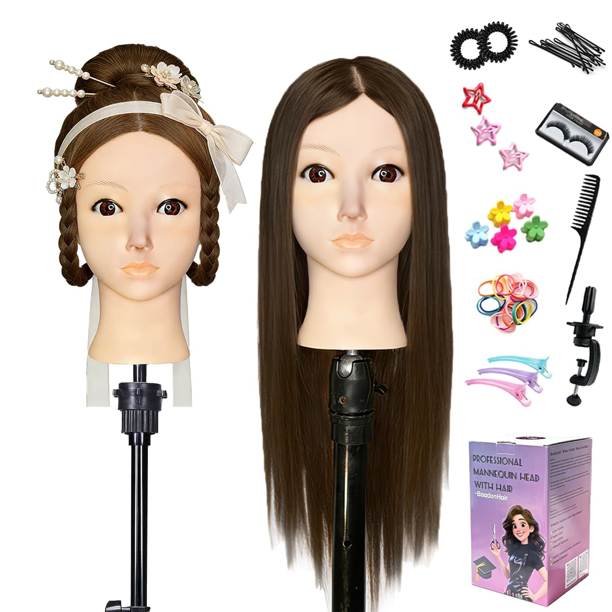 Mannequin Head with 80% Human Hair - Straight, 26"-28" Doll Head for Cosmetology & Hairdresser (A01-Black1)