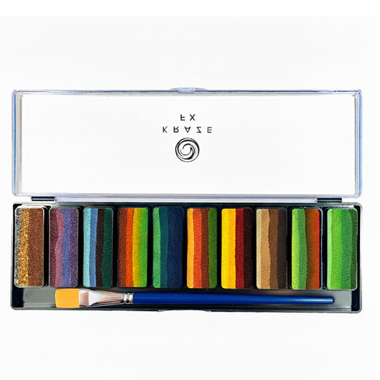 Kraze FX Peaks Face Paint Palette by Tamina Mohammed - 10 Colors Professional Split Cake Set - 3/4" Travel Size Cakes - Metallic & Earth Tones for Festival Body Art