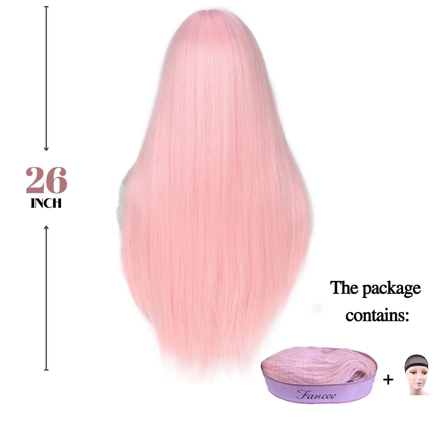 FANCEE Pastel Pink Wig with Bangs Long Straight Wig with Blunt Bangs for Women 26 Inch Synthetic Sakura False Hair Pink Wig with Layered Ends for Cosplay Halloween Party Daily Use
