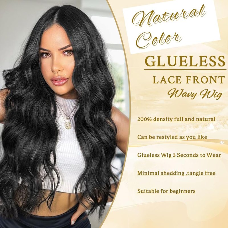 ShowCoco Black Wig for Women 26 Inch Pre Cut Hand-Tied Lace Long Wavy Natural Hairline Middle Part Hair Replacement Wigs for Women Beginners Natural Synthetic Wig for Daily Party 3 Seconds to Wear