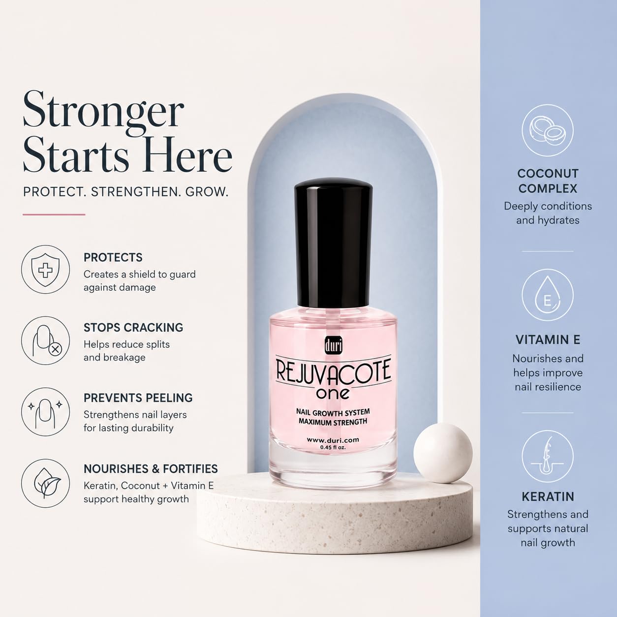 Duri Rejuvacote 1 Nail Growth System - Maximum Strength Nail Strengthener for Damaged Nails from Gel, Acrylic Manicure | Grow Long Natural Fingernails Fast - Rejuvacare Nail Hardener - 0.45 fl. oz.