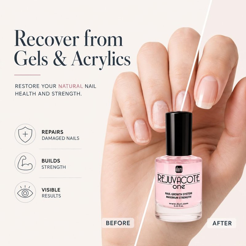 Duri Rejuvacote 1 Nail Growth System - Maximum Strength Nail Strengthener for Damaged Nails from Gel, Acrylic Manicure | Grow Long Natural Fingernails Fast - Rejuvacare Nail Hardener - 0.45 fl. oz.