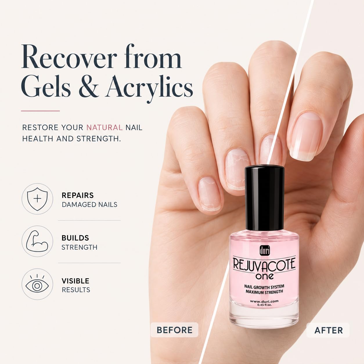 Duri Rejuvacote 1 Nail Growth System - Maximum Strength Nail Strengthener for Damaged Nails from Gel, Acrylic Manicure | Grow Long Natural Fingernails Fast - Rejuvacare Nail Hardener - 0.45 fl. oz.