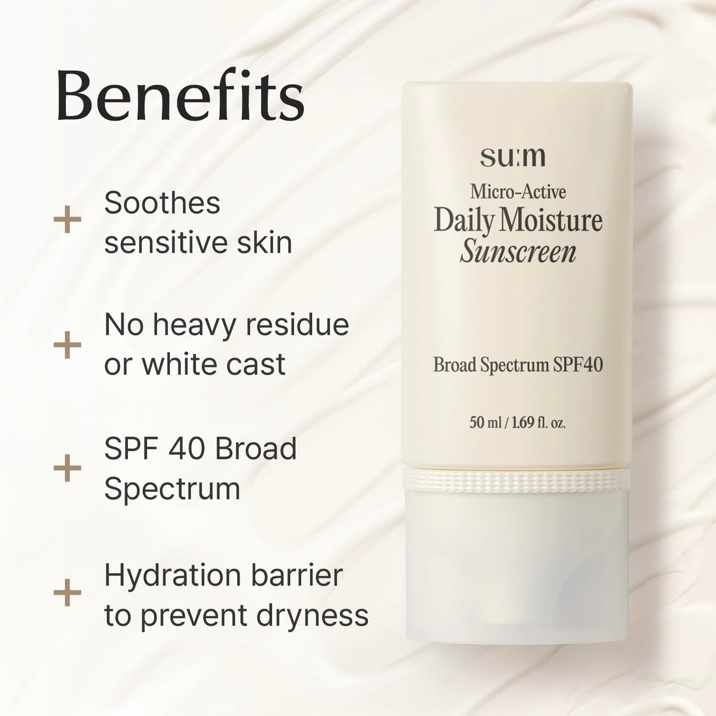 SU:M Micro-Active Daily Moisture Sunscreen SPF40 (1.69 fl oz) - Fragrance-Free, No White Cast, Hydrating Face Sun Cream for Sensitive Skin with Niacinamide, Korean Skin Care