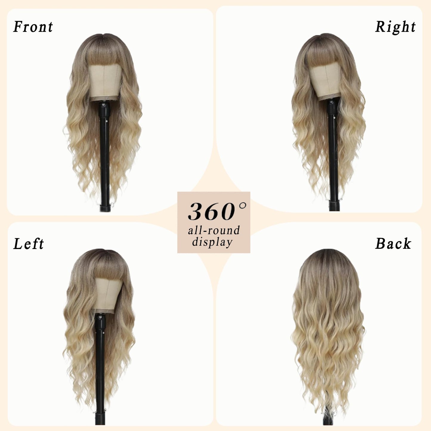 Ombre Blonde Wig with Bangs Long Wavy Wig Curly Wigs for White Women 26 Inches Synthetic Wig Dirty Blonde Wig with Dark Roots Natural Looking Hair Replacement Wigs for Women Holiday Daily Party Use