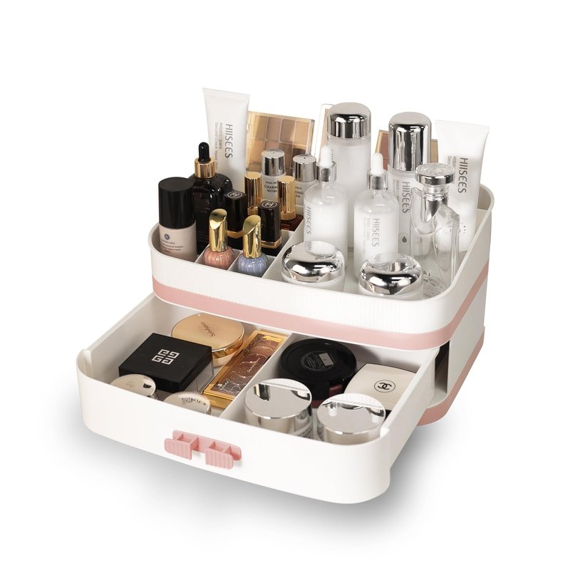 INVSSENE Large Makeup Organizer Countertop, Stackable Vanity Organizer with Drawer Cosmetic Organizer Tray, Make Up Organizers for Vanity, Makeup Storage Counter(Light Pink)