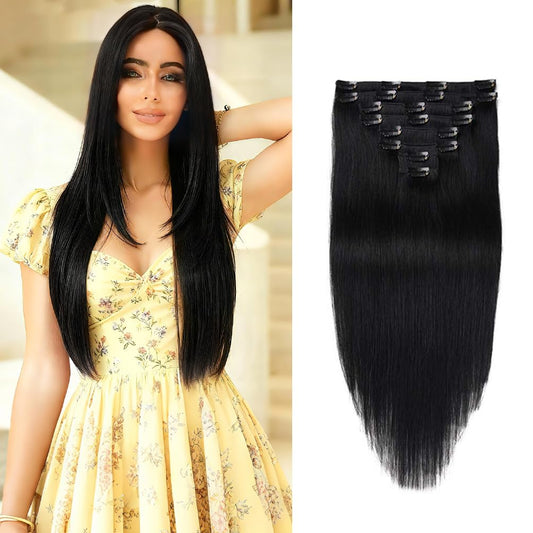 14" Remy Clip in Hair Extensions Human Hair Black for Women Beauty - Short Silky Straight 8pcs 20clips Real Human Hair Clip in Extensions (14 inch 100g #1B Natural Black)