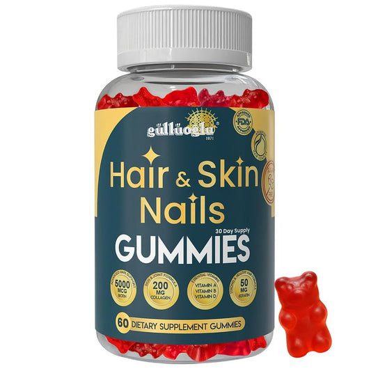 GÜLLÜOGLU Hair, Skin & Nails Gummies Sugar-Free – Biotin 5000 mcg, Collagen 200 mg & Keratin 50 mg –Vitamins A, C, D, E – Gluten-Free, Non-GMO, for Men and Women 60 Strawberry Flavor Gummies