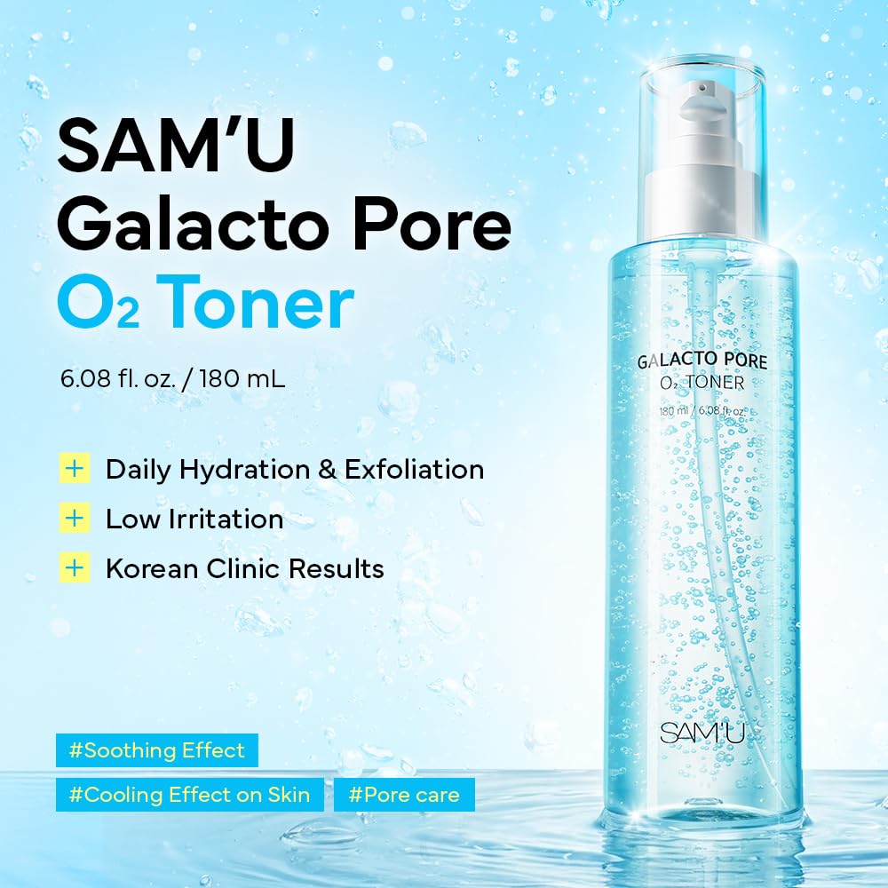SAM'U Galacto Pore O2 Toner, Pore Refining & Hydrating Hyaluronic Acid Toner with PHA & Alcohol-Free Witch Hazel, Gentle Exfoliating Daily Care, Face Toner for Women, 6.08 fl oz