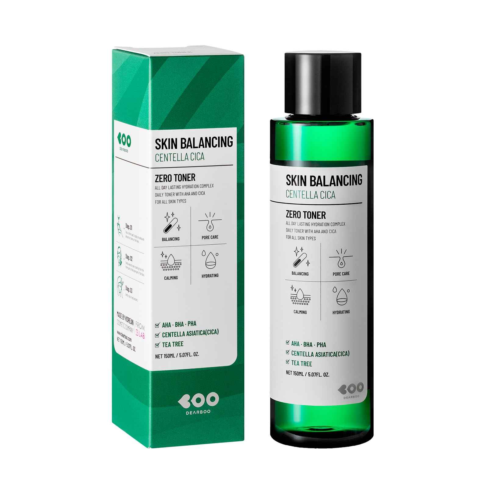 DEARBOO SKIN Balancing Centella Cica Zero Facial Toner 5.07 fl.oz(150ml) | AHA BHA PHA and Teatree | Soothing, Calming, Hydrating for Sensitive Skin | Daily Korean Skincare