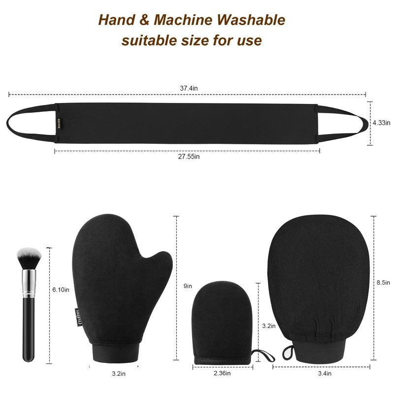 CeleCily 5-in-1 Self Tanner Mitt Applicator Kit - Professional Self Tanning Mitt Back Applicator, Mini Mitt, Brush and Exfoliator，No Streaks, No Orange Palms, Double-Sided Washable Tanning Gloves Set