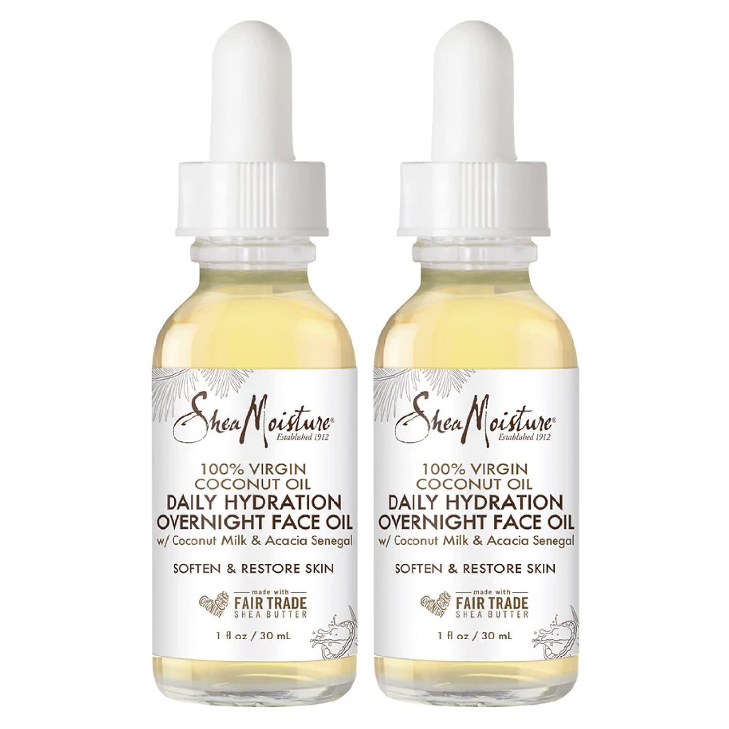 SheaMoisture Coconut Oil for Face - Daily Hydration Overnight Face Oil with Coconut Milk & Acacia Senegal, Argan Oil for Skin, Organic Shea Butter, Hydrating, Vitamin E, 1 Oz (Pack of 2)