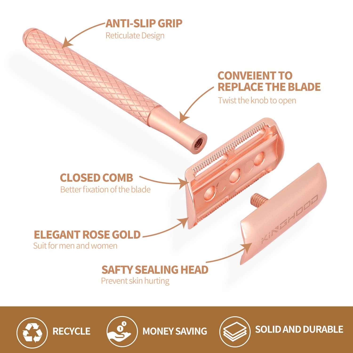 KINGHOOD Safety Razor for Men and Women - Double Edge Razor With 10 Reusable Blades (Rose Gold)