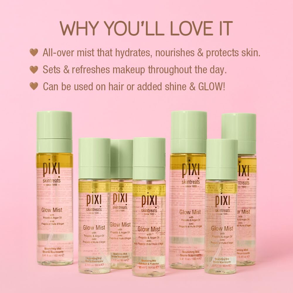 Pixi Beauty Glow Face Mist with Natural Oils | Glow Mist Illuminating Spray Revives Dull Dry Skin | Instant Radiance & Dewy Finish, Sets Makeup | Propolis & Argan Oil, Non-Greasy | 2.7 fl oz