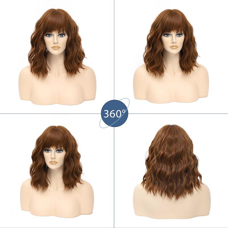 LOSMOEER Green Wig with Bangs Short Wavy Wigs for Women Shoulder Length Curly Bob Wigs Heat Resistant Synthetic Wigs for Halloween Cosplay Daily Party Use