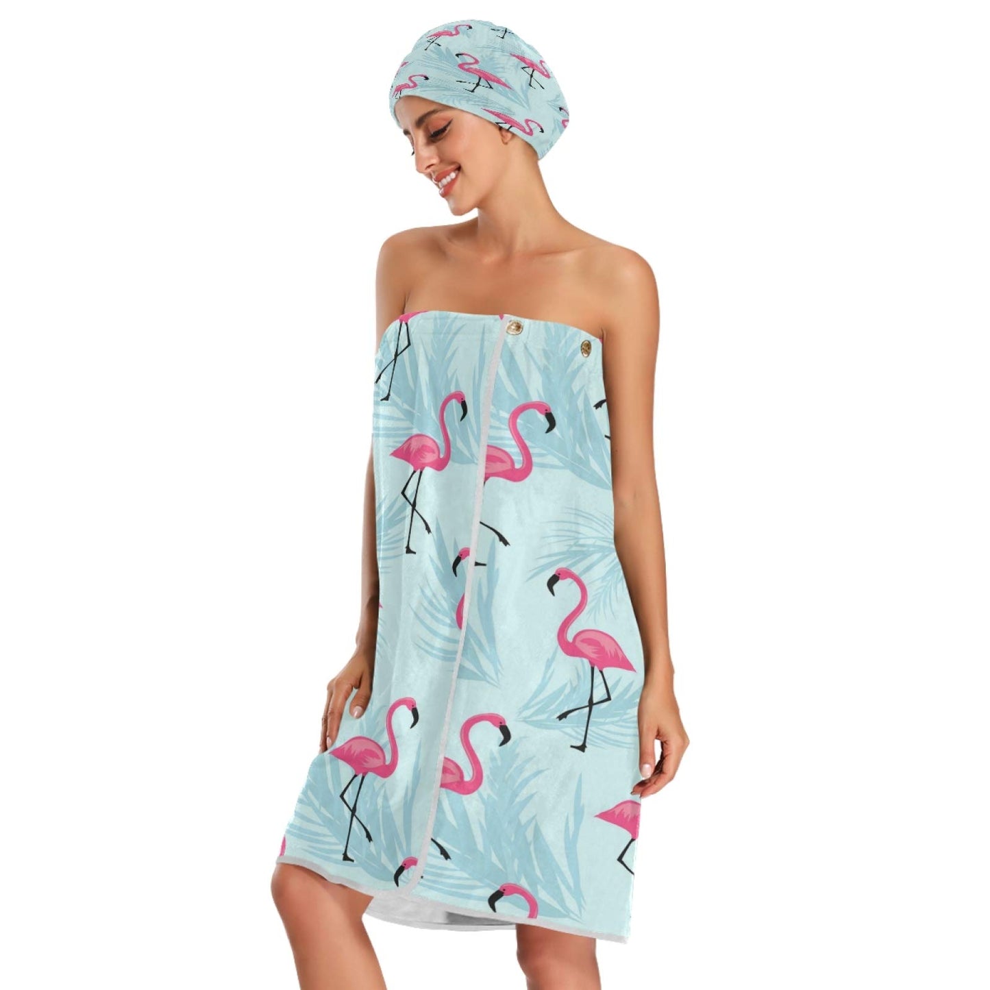 ATTX Flamingo Blue Leaf Towel Wrap with Dry Hair Cap & Headband for Women – Women’s Comfortable Shower & Bath Wrap with Adjustable Closure
