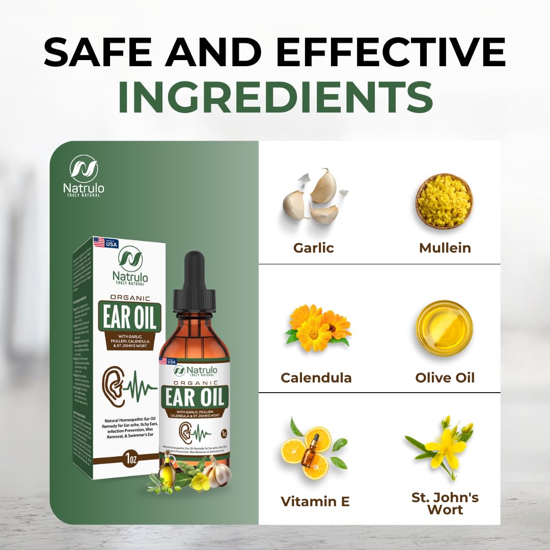 Organic Ear Oil for Ear Infection - Natural Eardrops for Ear Pain, Swimmer's Ear & Wax Removal - Kids, Adults, Baby, & Dog Earache Remedy - Ear Drops with Mullein, Garlic, Calendula Made in USA