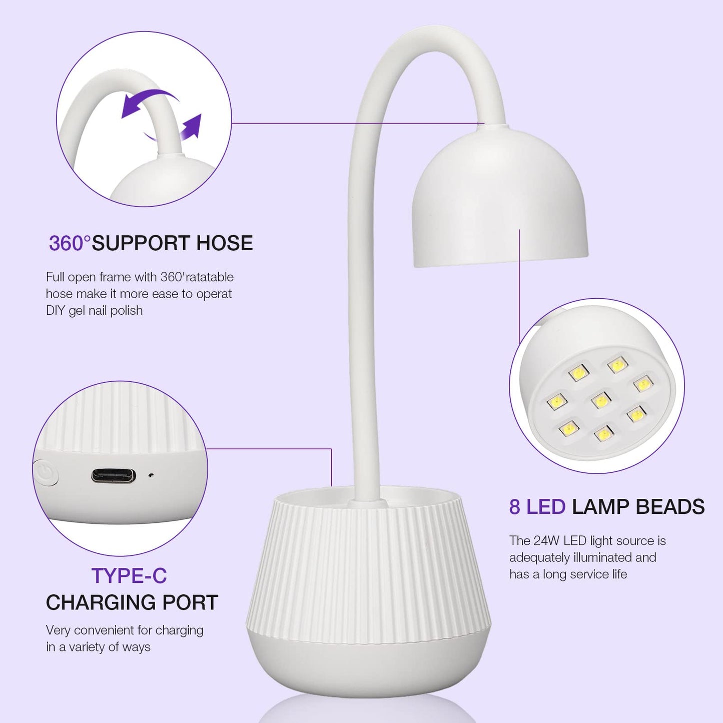 Nail Drying Lamp, 24W Nail Polish Curing Lamp, 365nm 405nm 360 Degree Rotatable USB Charging Nail Gel Dryer for Salon or Home Use