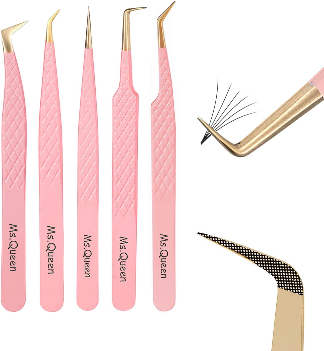 Eyelash Extension Tweezers Set - 5 Pcs Fiber Tip Grip Isolation & 45/90 Degree Volume Tweezers
