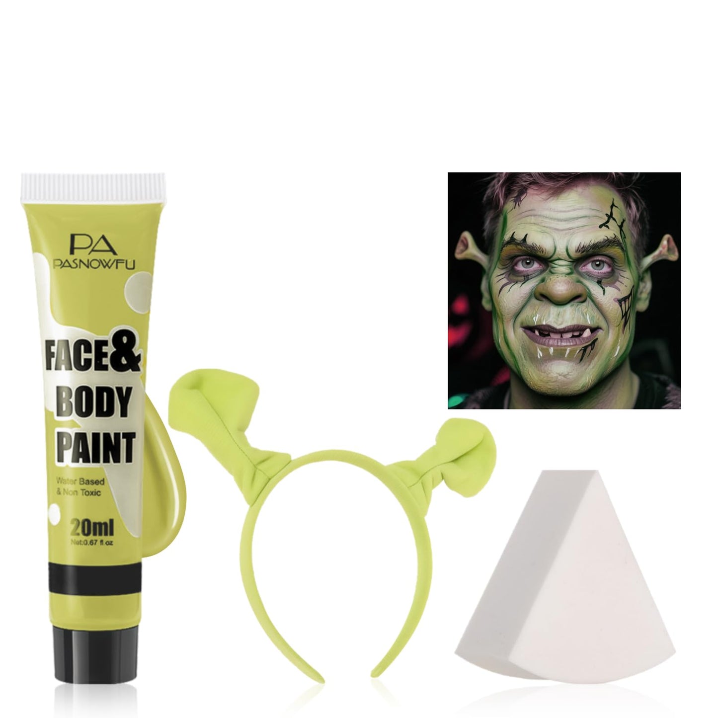 PASNOWFU Halloween Makeup Kit for Shrek, Water-Based Non-Toxic Face Paint Set with Headband, Ogre Green Face Paint for Halloween Cosplay SFX Makeup, Costume Parties, Theatre,Stage Shows