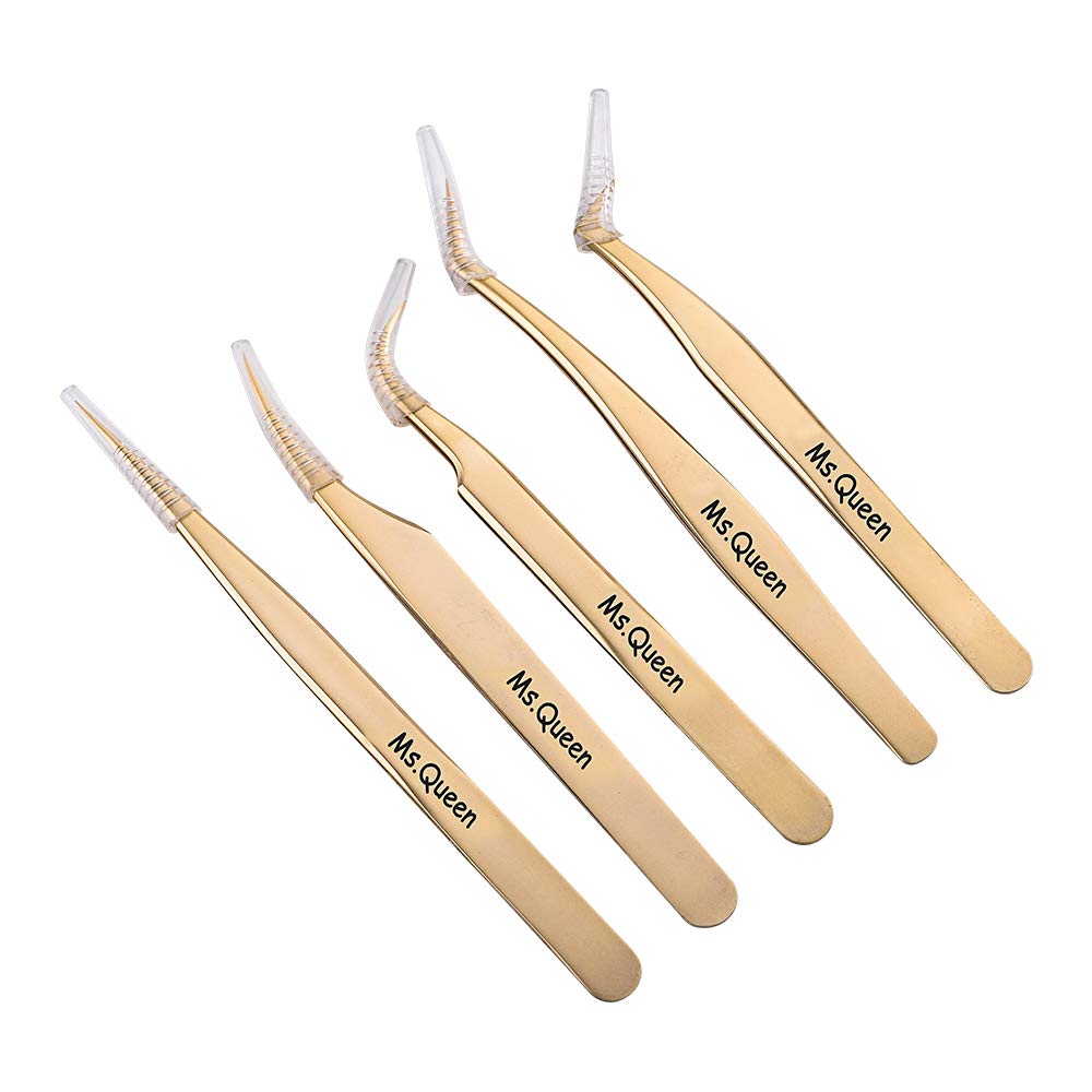 Ms.Queen Eyelash Extension Tweezers-Precision Tweezers for 2D-6D Volume&Individual False Lashes Extensions-Golden-5pcs Tweezers Set