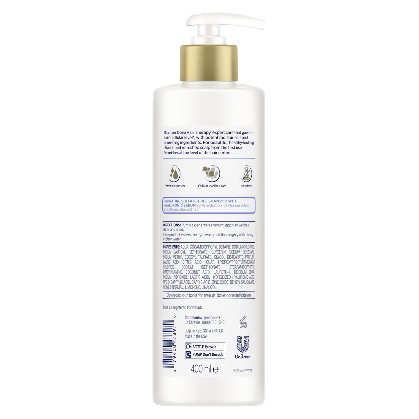 Dove Hair Therapy Hydration Spa Shampoo for Dry Hair with Hyaluronic Serum, 13.5 Fl Oz