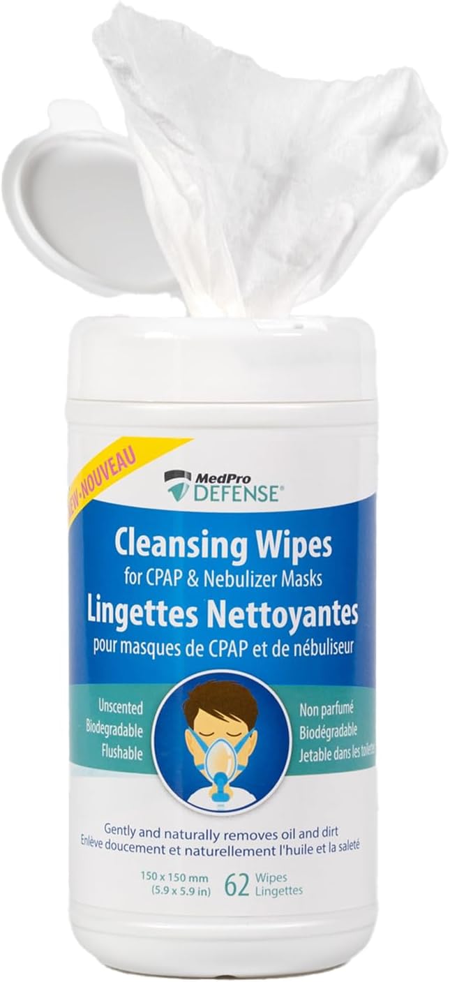 MedPro Defense CPAP Mask Cleansing Wipes for Daily Cleaning, Gently Removes Dirt and Oil, Biodegradable, Unscented, Lint-Free, and Flushable 62 count